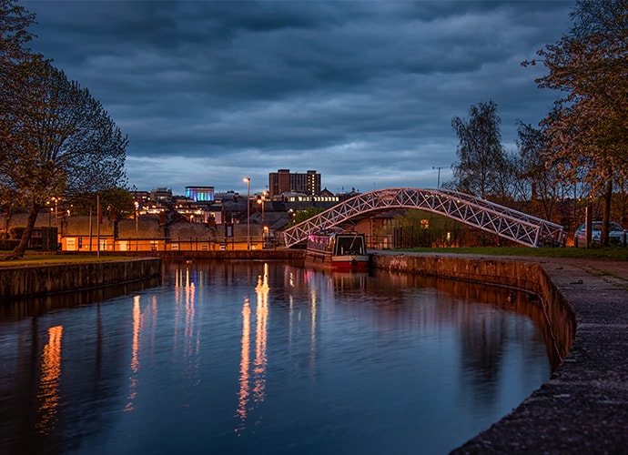 Industrial canal bridge at dusk, Stoke-on-Trent